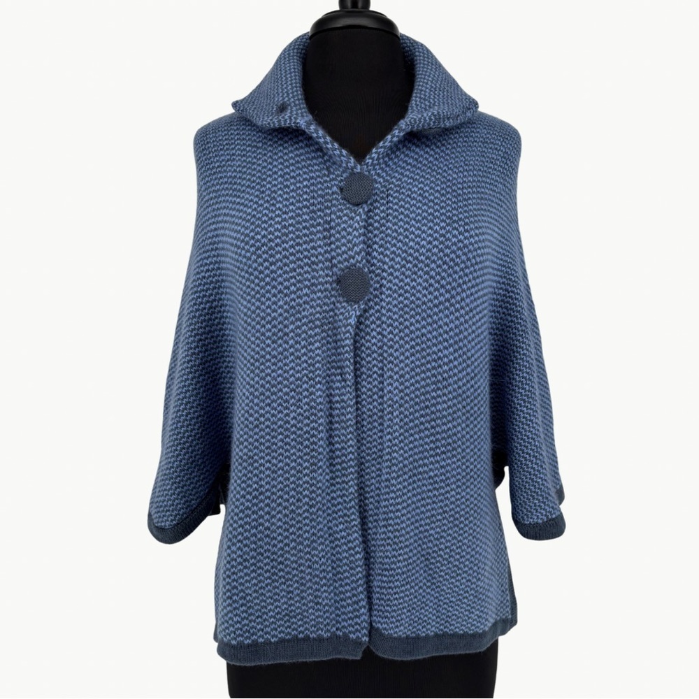 Vintage 80s Baby Alpaca Knit Cape Poncho Funnel Neck Sz Medium Blue Artisan Cozy - Picture 2 of 16